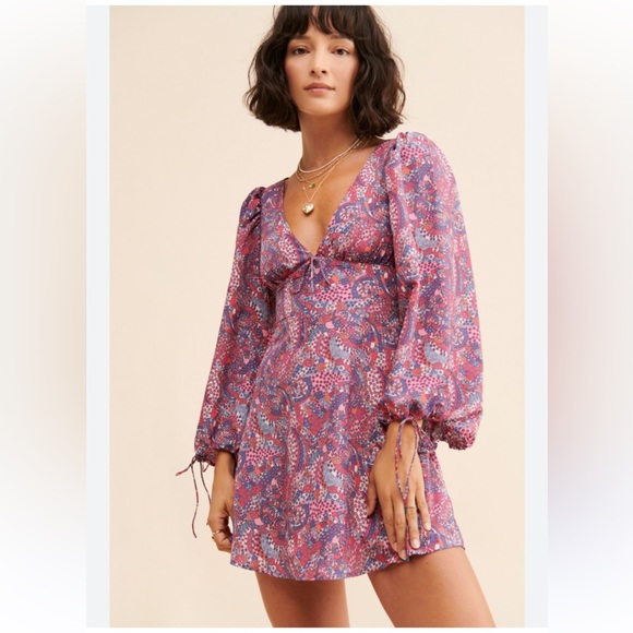 For Love And Lemons Dresses & Skirts - NWT For Love And Lemons Tonya long puff sleeve red Blue Mini Dress babydoll XS